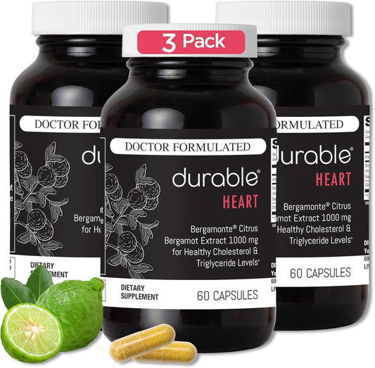 Durable Heart bottle showing Bergamonte 1000 mg with olive leaf extract and vitamin C