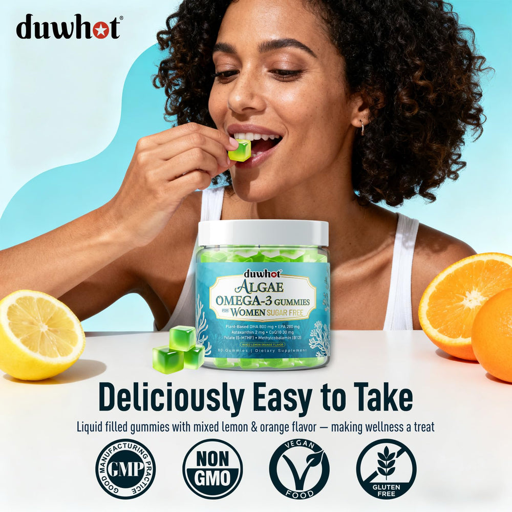 Lifestyle photo with a woman taking a vegan omega-3 gummy