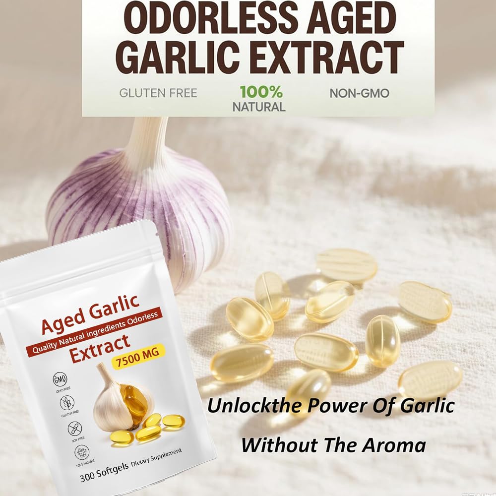 Close-up of odorless aged garlic formula capsules