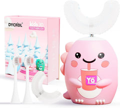 DYCROL Kids U Shaped Electric Toothbrush Pink with 4 brush heads and cartoon dinosaur design