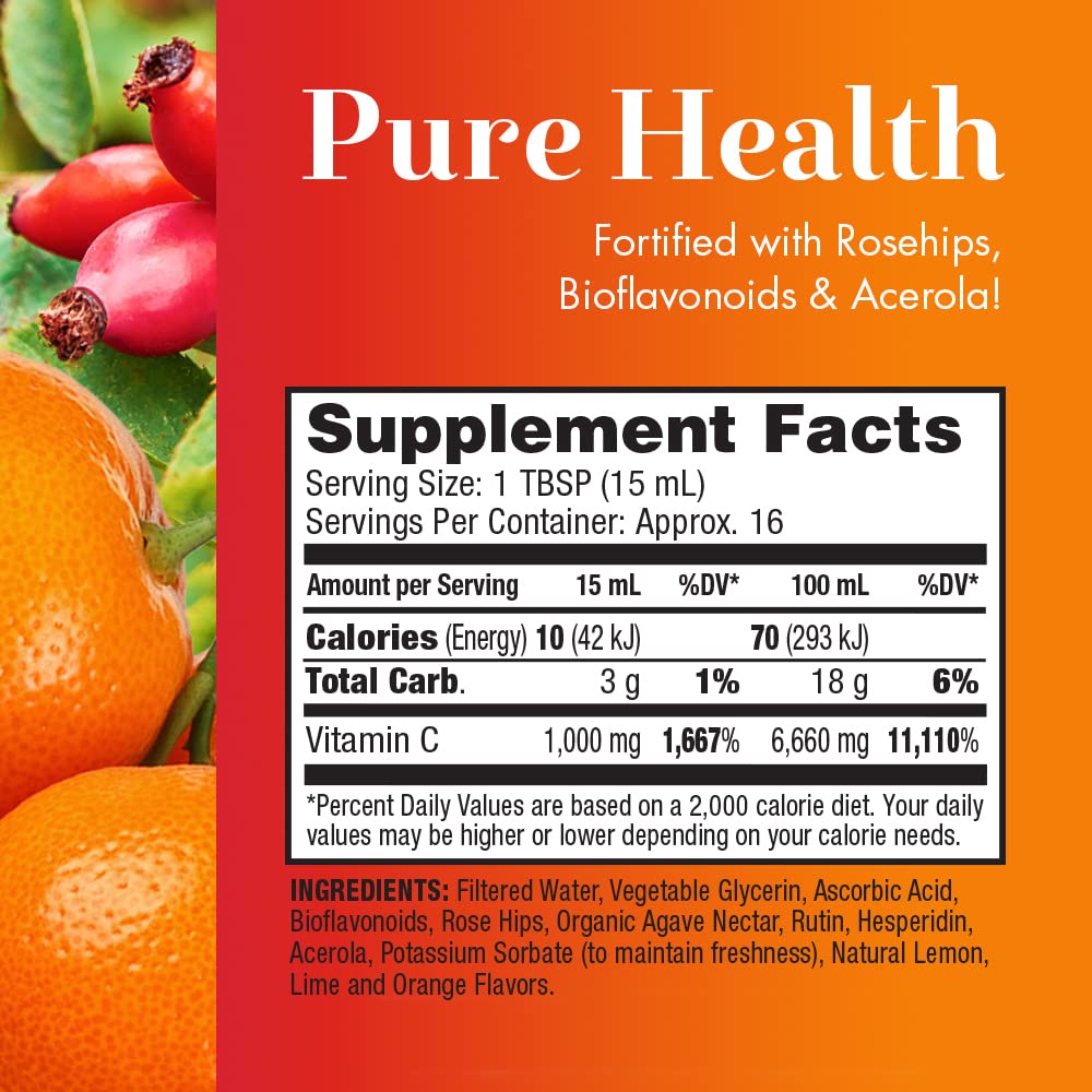 Close-up of the Vitamin C bottle label and 8 oz bottle