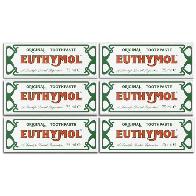 Vintage-style packaging of E Uthymol Original Toothpaste