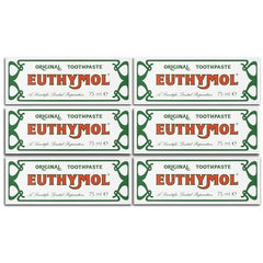 Vintage-style packaging of E Uthymol Original Toothpaste
