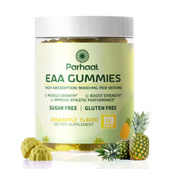 Front view of EAA Gummies Pineapple bottle with 120-count label