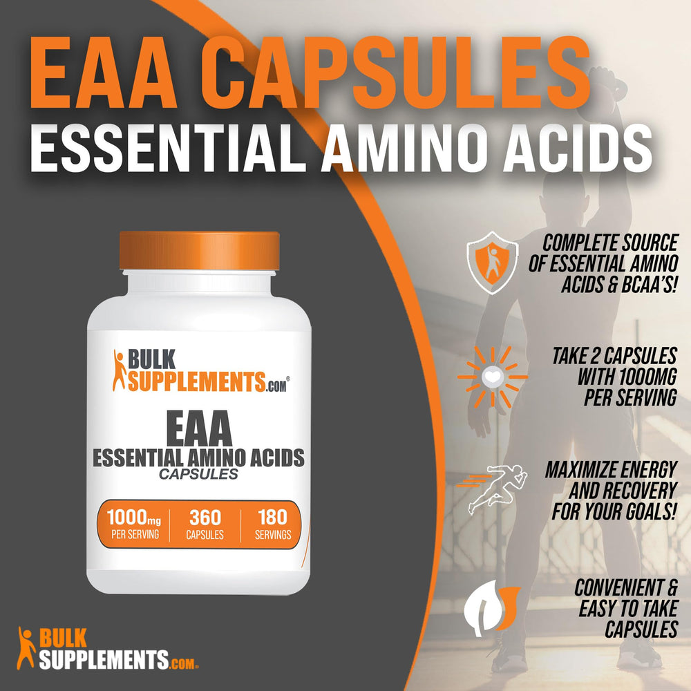 Close-up of EAAs capsules bottle.
