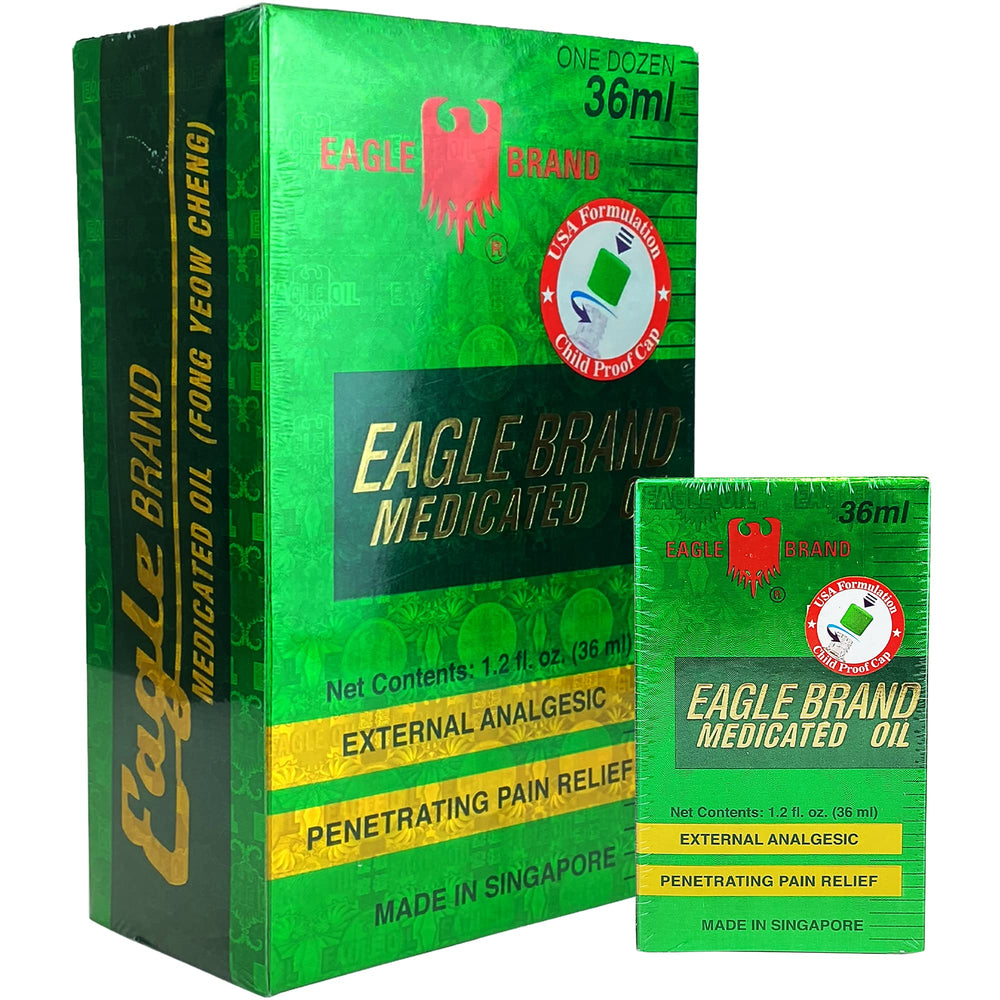 Front view of Eagle Brand natural medicated oil 12-pack bottles