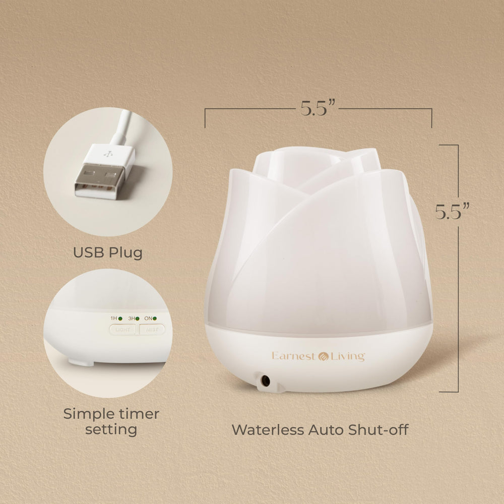 Whisper-quiet ultrasonic mist from diffuser in operation