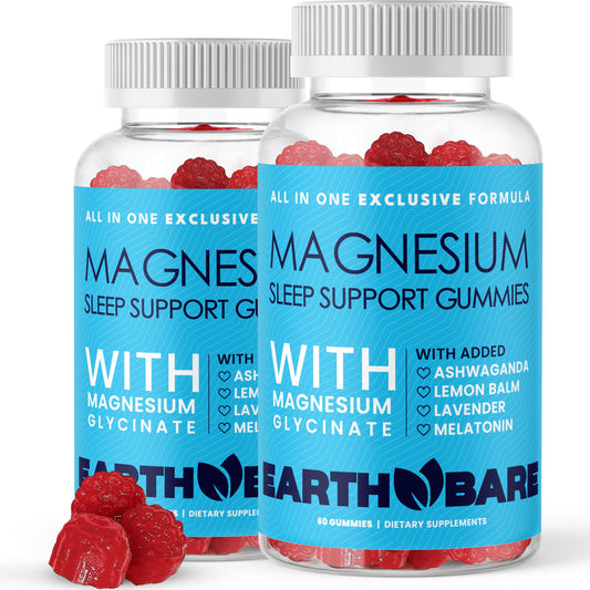 Earth Bare Sleep Gummies bottle label highlighting magnesium glycinate and melatonin
