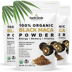 Hero image showing Earth Circle Organics Black Maca Powder in a 3-pack 8oz jars