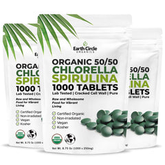 Earth Circle Organics chlorella spirulina tablets pack shot, premium organic superfood for daily vitality.