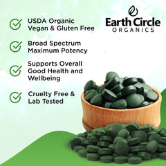 Earth Circle Organics cracked cell wall tablets close-up, optimized nutrient absorption.