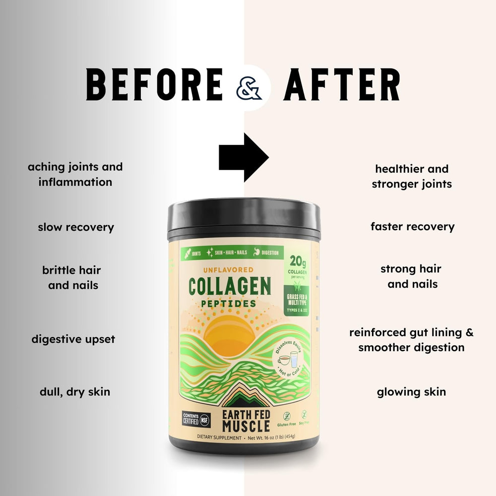 Earth Fed Muscle collagen with glass of water, keto-friendly option.