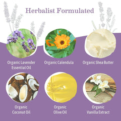 Close-up of lavender and calendula on bottle design