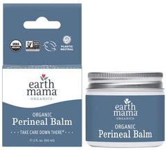 Earth Mama Organic Perineal Balm jar closeup for soothing postpartum care.