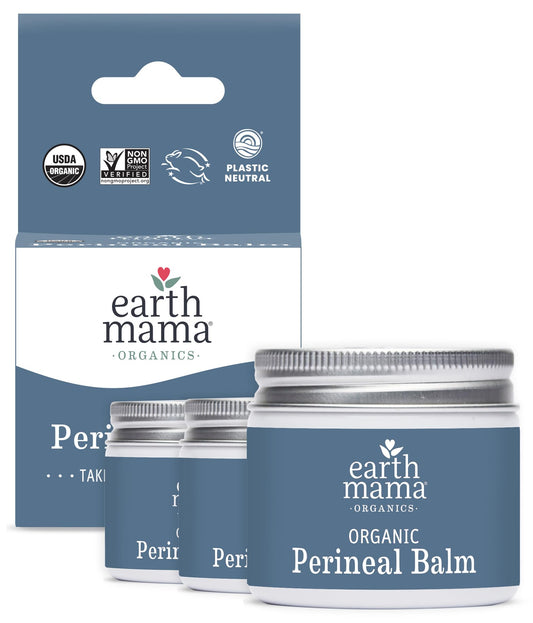 Earth Mama Organic Perineal Balm jar front for postpartum relief.