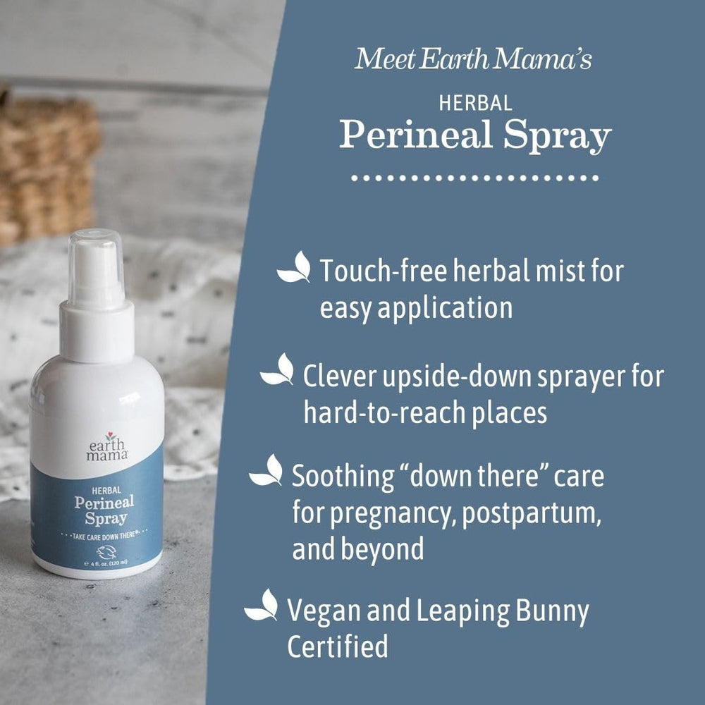 Earth Mama Herbal Perineal Spray bottle top view showing touch-free mist.