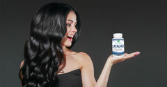 Close-up of product bottle and packaging for Catalase 10,000 with Saw Palmetto and Biotin