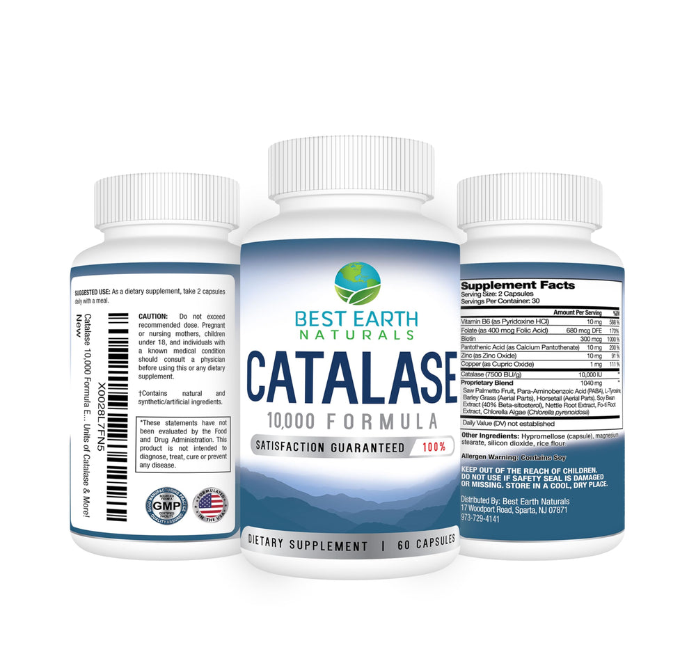Ingredients panel showing catalase, saw palmetto, biotin, fo-ti and PABA