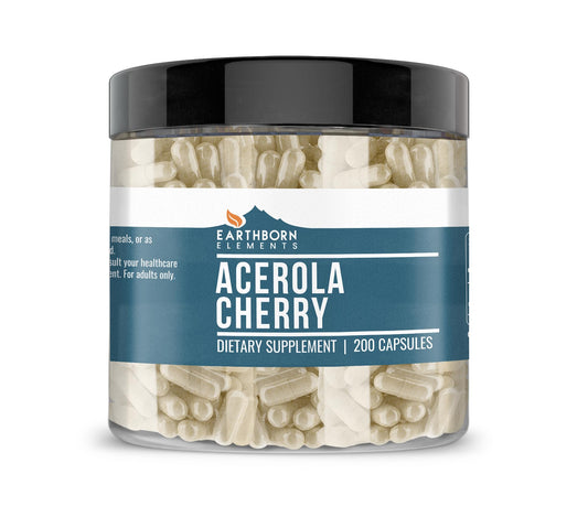 Bottle of Earthborn Elements Acerola Cherry 200 Capsules on a white surface