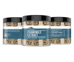 Close-up of Chamomile Extract capsules in bottle