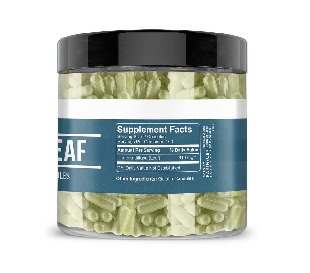 Label detail on Earthborn Elements Damiana Leaf Capsules bottle