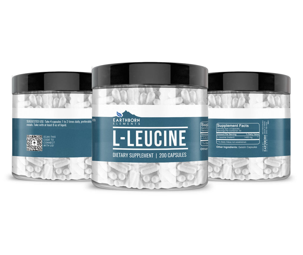 Close-up of Earthborn Elements L-Leucine 200 Capsules bottle label