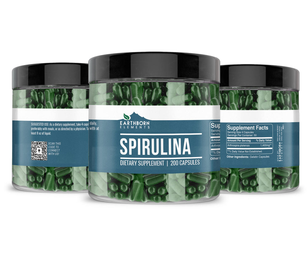 Close-up of Earthborn Elements Spirulina capsules