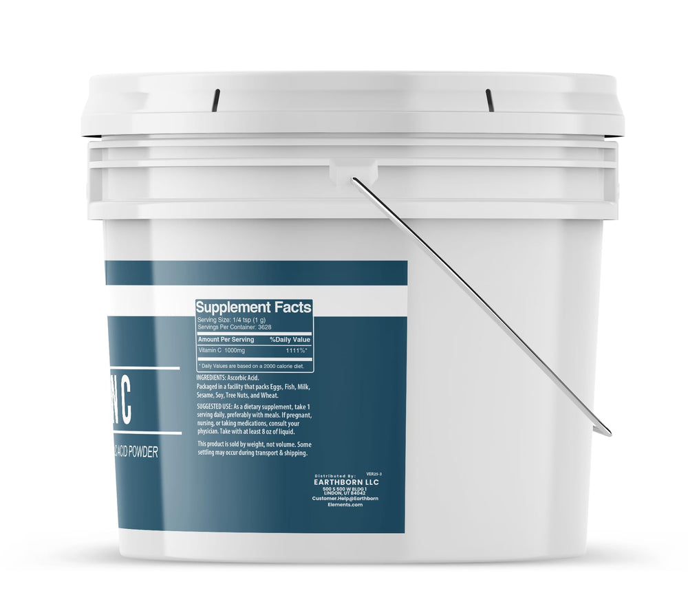 Earthborn Elements Vitamin C powder with a handy scoop for precise dosage in formulas.