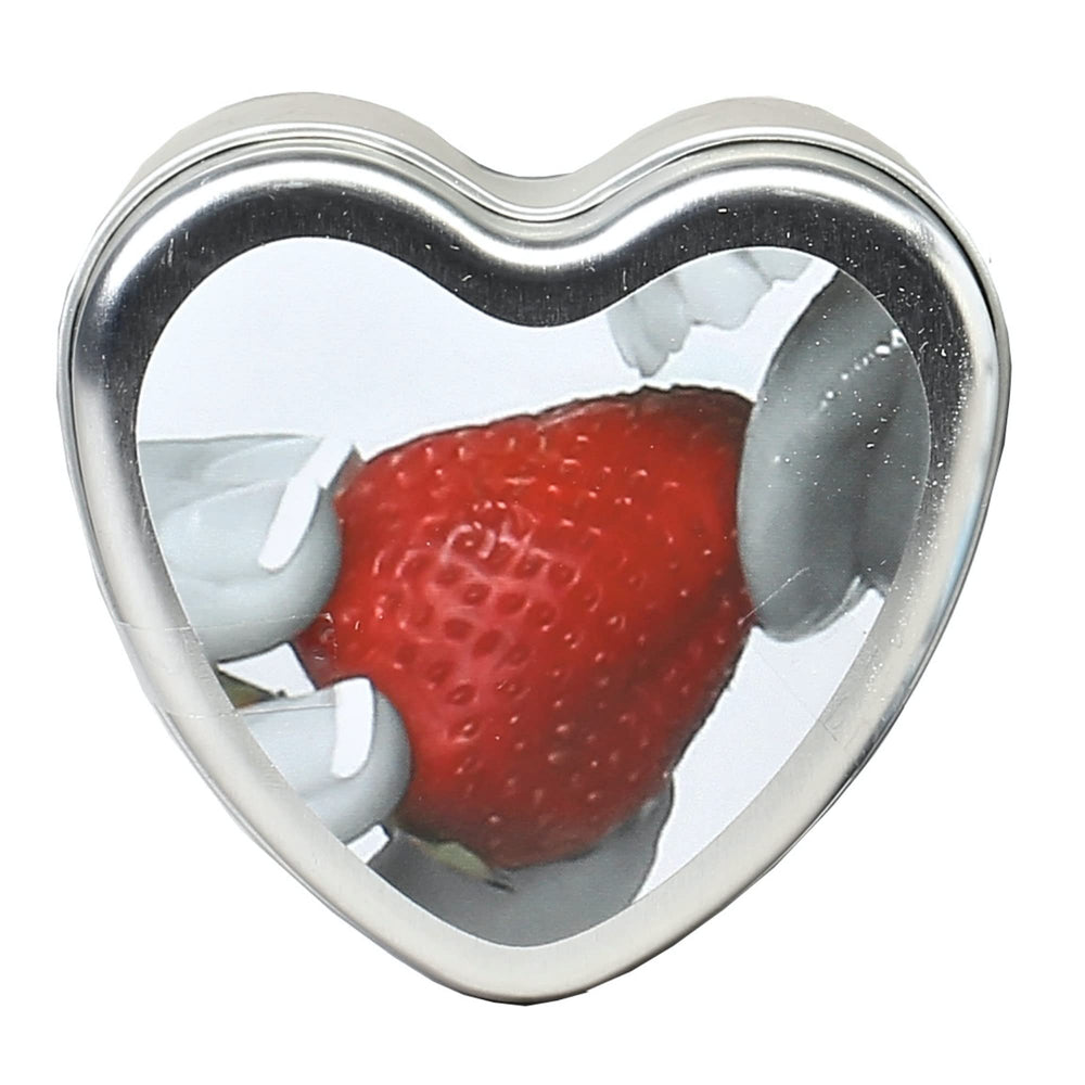 Front view of Earthly Body Edible Massage Candle Strawberry 4 oz heart-shaped candle