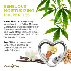 Earthly Body vanilla massage candle ambient light shot illustrates mood-enhancing aroma.