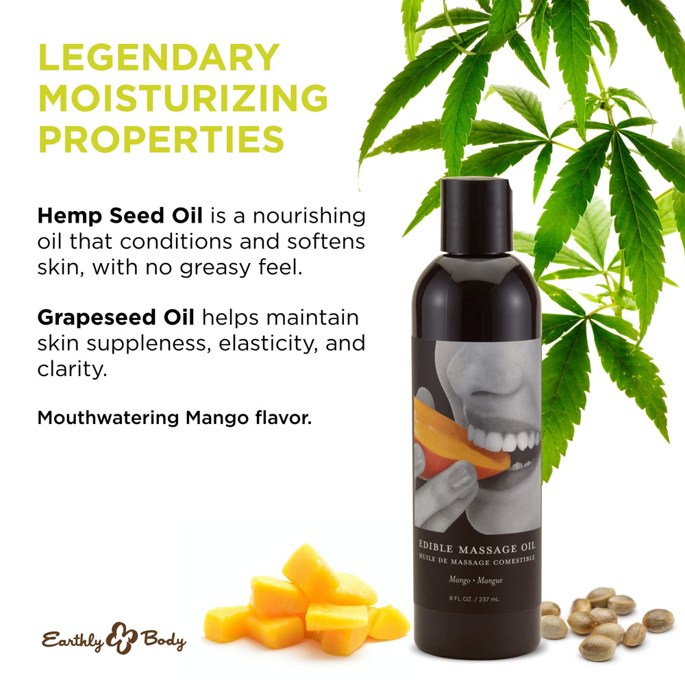 Close-up of Earthly Body Edible Massage Oil Mango 8oz bottle
