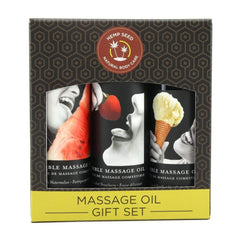 Front view of Earthly Body Edible Massage Oil Gift Set – Watermelon, Vanilla, Strawberry flavors