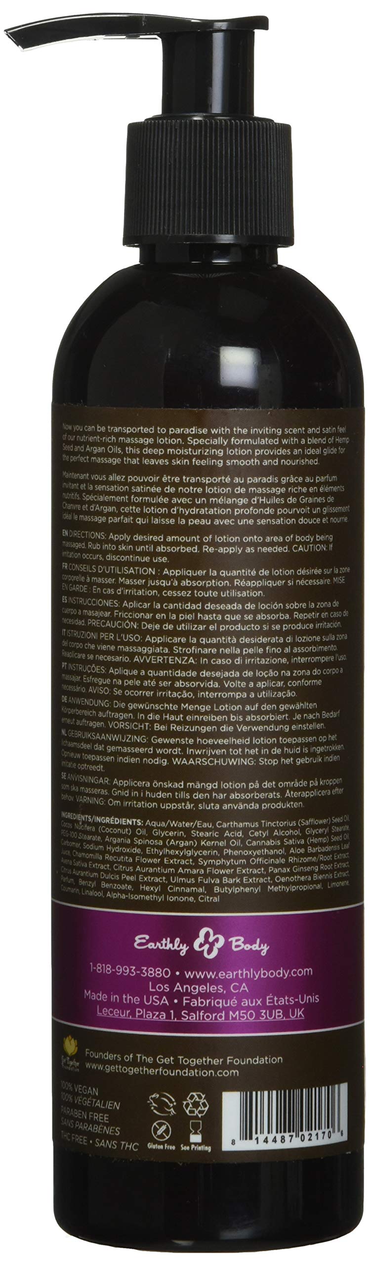 Close-up of Earthly Body Hemp Seed Massage Lotion Skinny Dip label