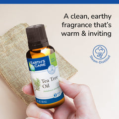 Earth's Care Tea Tree Oil label highlighting steam-distilled origin.