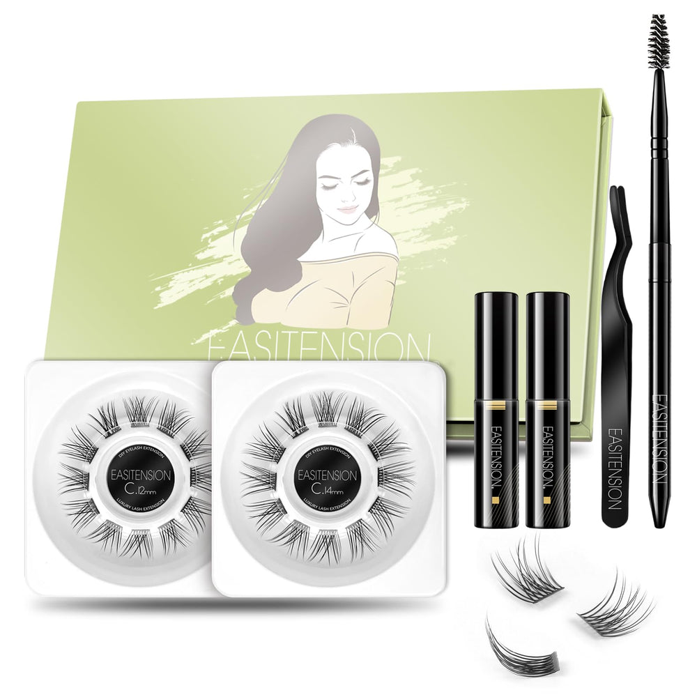 EASITENSION DIY lash kit shows 24 natural cluster lashes in 12mm and 14mm for versatile styling