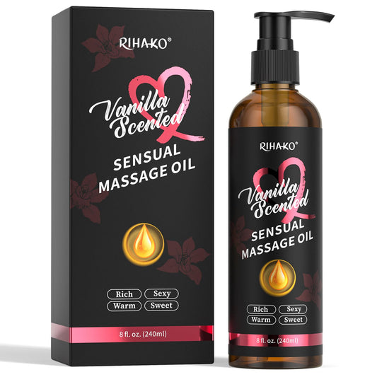 Vanilla Sensual Massage Oil bottle with vanilla beans on a soft background