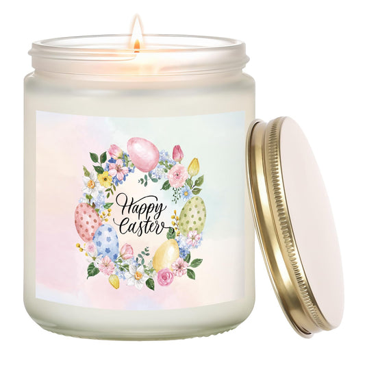 Festive Easter egg design on a cream vanilla scented candle jar