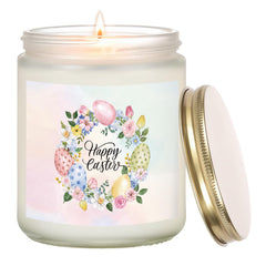 Festive Easter egg design on a cream vanilla scented candle jar
