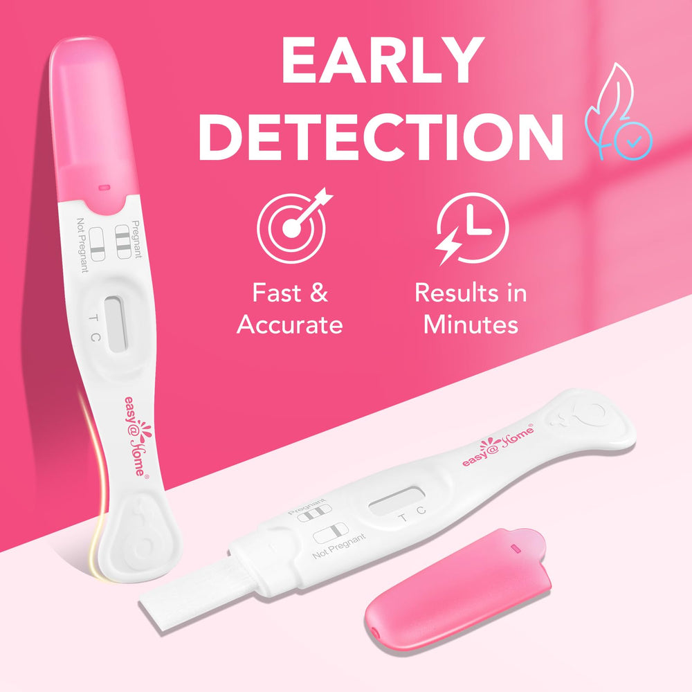 Close-up of Easy@Home 5-count pregnancy test sticks with curved handle