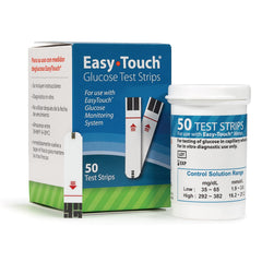Easy Touch glucose test strips box front for quick at-home testing.