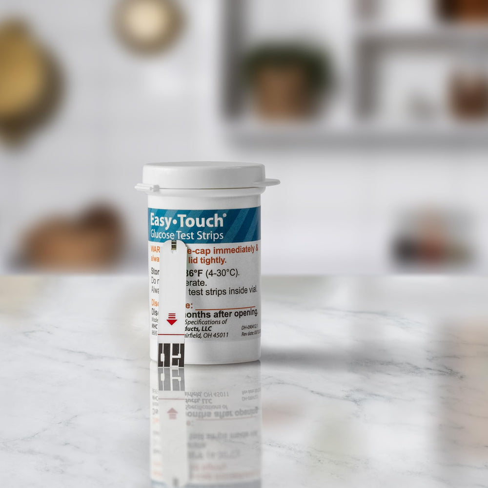 Easy Touch glucose test strips compact case image emphasizes portability for on-the-go testing.