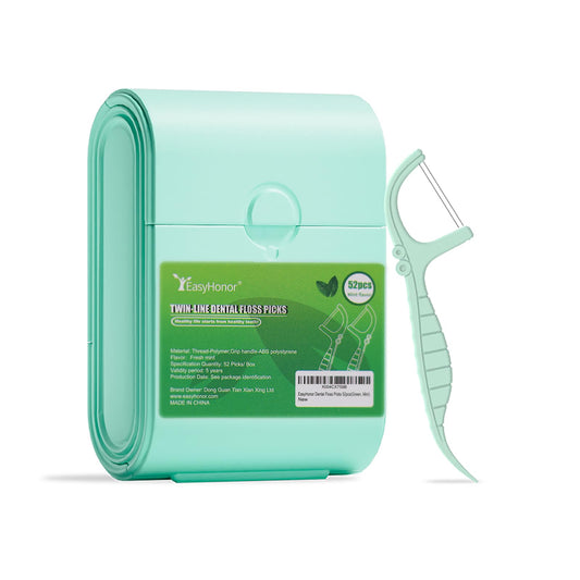 EasyHonor mint twin-line dental floss picks in portable green case