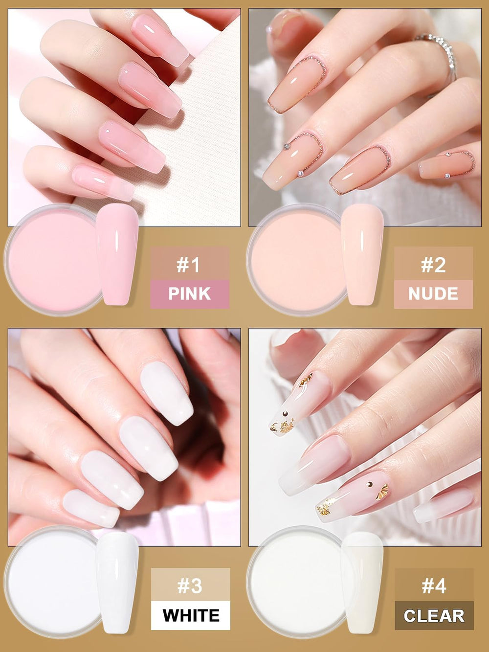 EBANKU four-color acrylic powders for versatile nail art designs.