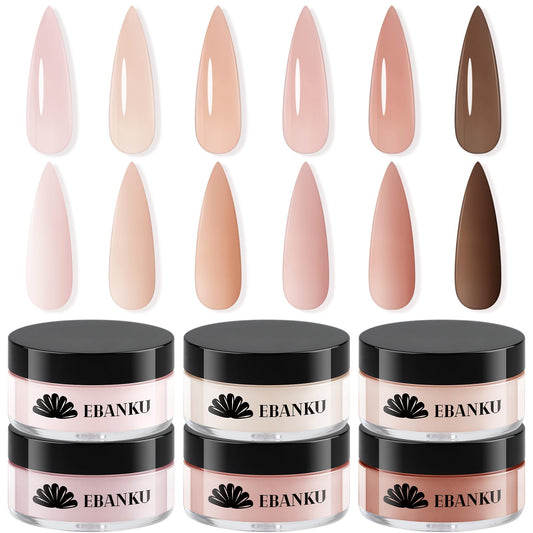 EBANKU six-color nude acrylic powder set displayed for versatile natural-looking nail extensions.