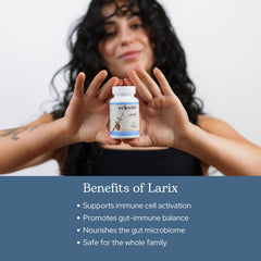 Close-up of 400 mg Larix capsules inside bottle