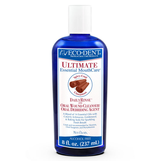 Eco-Dent alcohol-free mouthwash bottle with cinnamon mint flavor.