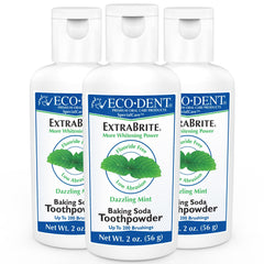 Eco-Dent ExtraBrite mint toothpowder packaging in a 3-pack