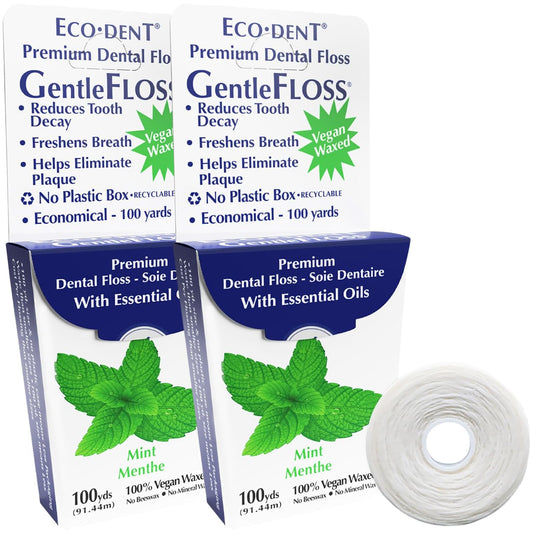 Eco-Dent GentleFloss mint waxed floss packaging in recyclable carton