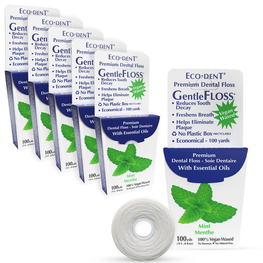 Front view of Eco-Dent GentleFloss Mint Waxed Dental Floss Pack of 6