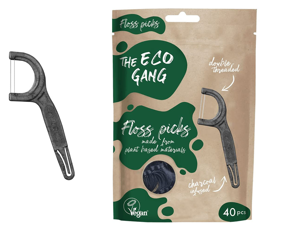The Eco Gang vegan floss picks made from plant-based materials with mint flavor